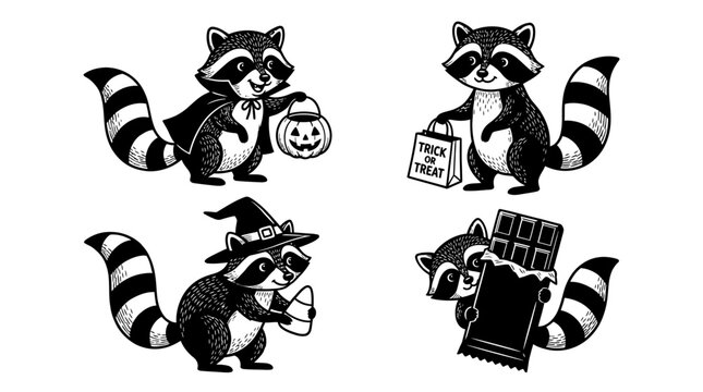 Raccoons in Halloween costumes playing.