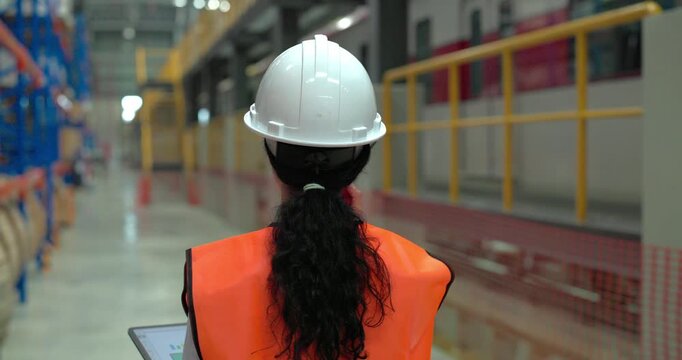A female rail engineer wearing a hard hat and reflective vest inspects inventory, scans shelves, and reviews checklists in a large railway supply warehouse depot
