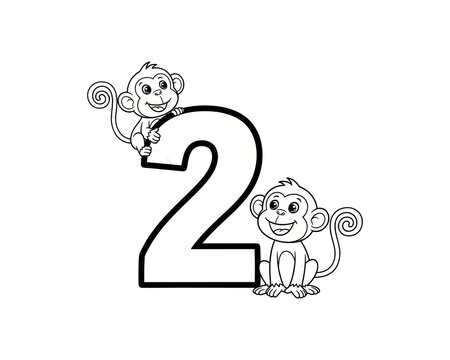 Cute cartoon monkeys hanging on the number two, ideal for children's learning and playful design
