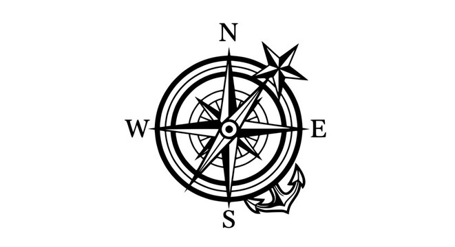 Nautical Compass Rose with Anchor and Star Vector Illustration