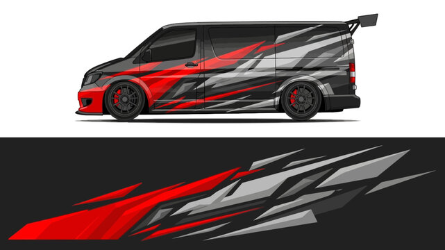 Sleek red and silver graphic van with dynamic racing decals on dark backdrop.