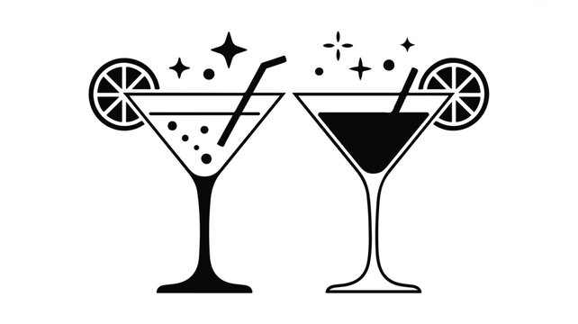 black and white illustration of two cocktail glasses with straws and lemon slices on white background