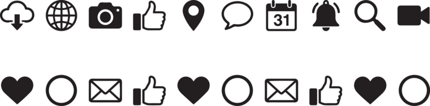 Social media and web interface icon collection including download cloud globe camera thumbs up speech bubble message bell heart and outline circles