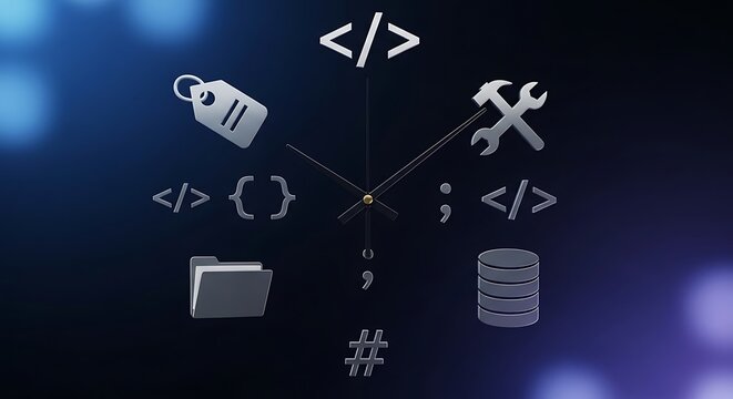 Coding and development tools surround a clock on a dark background with blue highlights