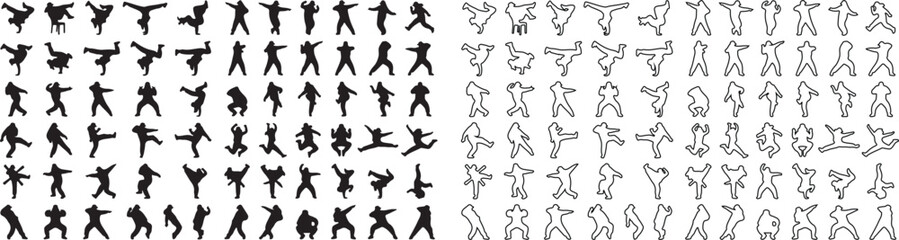 Martial arts silhouette collection, 120 karate and kung fu fighter icons, black solid and outline action poses, combat sports vector set © edit