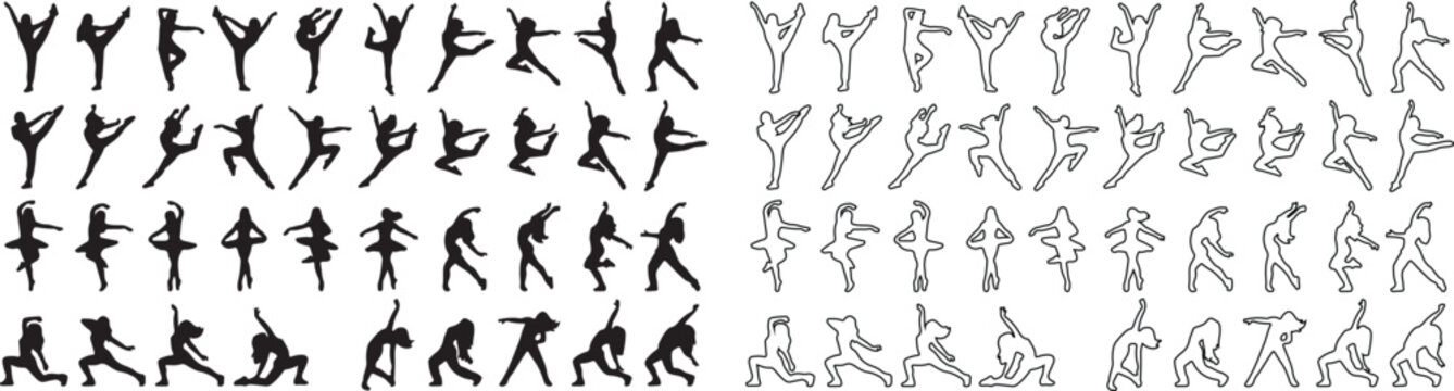 Contemporary dance silhouettes and line art icons, set of 80 ballet and modern dancer poses, black female dancer vector figures for choreography