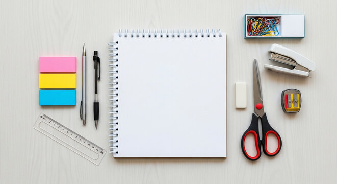 Flat lay of essential school and office supplies with a blank spiral notebook on a light wooden desk, top view, organized stationery items for work or study.