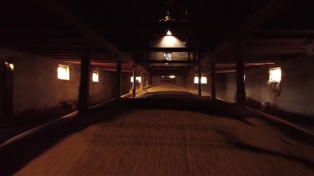 Interior drone footage moving low over a massive pile of harvested grain inside a dark wooden barn. Dim light from small side windows illuminates the rustic structure and the textured wheat seeds.