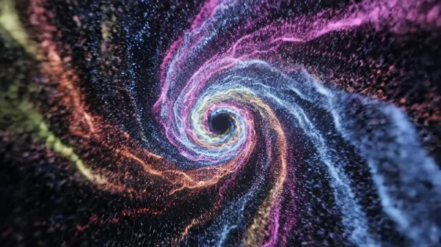 Abstract dynamic swirling spiral of neon pink, blue, and yellow particles forming a cosmic vortex on a black background, resembling a colorful nebula, energy flow, or galaxy motion.