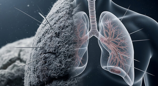 Medical conceptual illustration showing asbestos fibers piercing human lung tissue highlighting the danger of mesothelioma asbestosis and chronic respiratory diseases