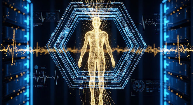 HIPAA Compliance and Patient Data Privacy Concept with Digital Human Silhouette Medical Interface Elements and Secure Server Room Technology