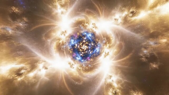 Intricate fractal nebula with glowing golden nodes and blue gaseous structures on a dark purple starry background, symmetrical cosmic energy pattern representing deep space discovery.