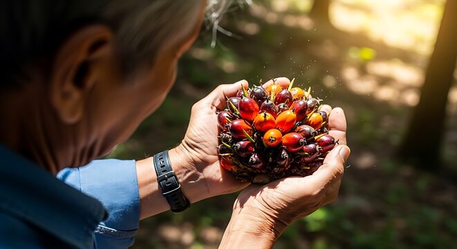 Elder person inspects fresh palm oil fruits in a sunny plantation