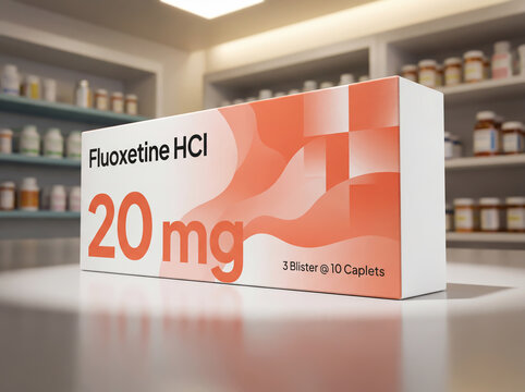 Generic Fluoxetine antidepressant medication box for mental health treatment