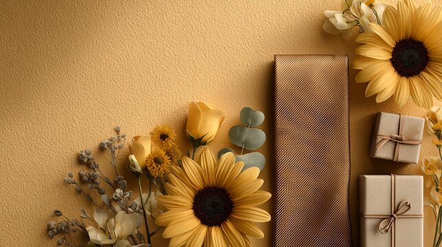 Sunflowers necktie and roses flat lay fathers day warm beige bac