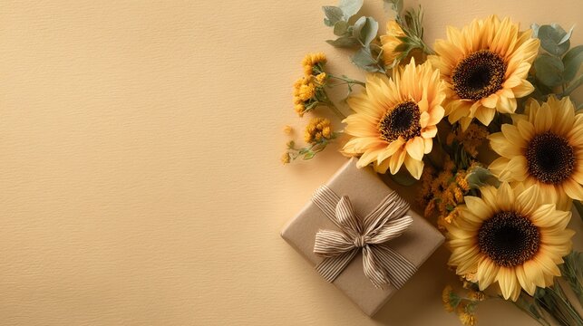 Yellow sunflowers and gift fathers day flat lay beige warm backg