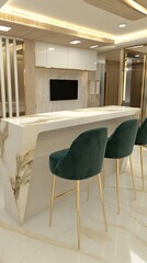 Fototapeta premium Luxurious modern kitchen with marble island and ocean views in a Miami penthouse