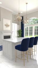 Fototapeta premium Modern kitchen design in a penthouse with ocean views featuring marble island and velvet barstools