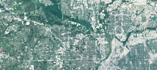 Fototapeta premium Dallas Metropolitan Area in the USA Viewed from Space – Urban Sprawl, Highways and City Infrastructure in Satellite Imagery
