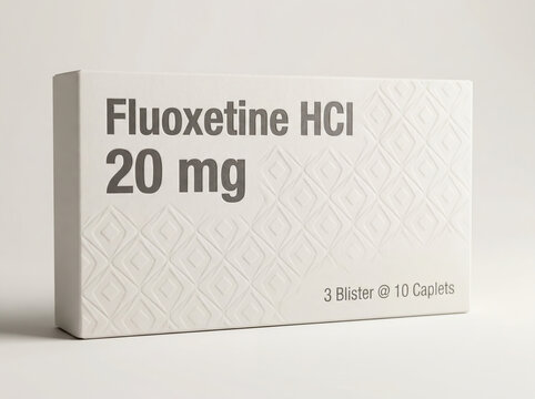 Generic Fluoxetine antidepressant medication box for mental health treatment