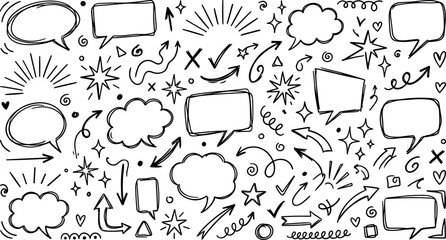 Hand drawn speech bubble doodle collection with arrows stars clouds and comic style communication design elements © Danial