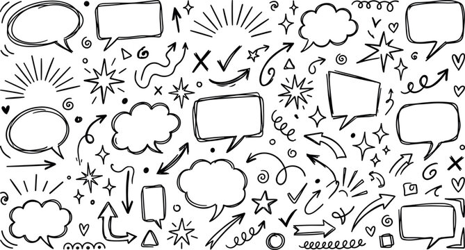 Hand drawn speech bubble doodle collection with arrows stars clouds and comic style communication design elements