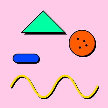 Retro Memphis Style Abstract Graphic with Colorful Geometric Shapes Background