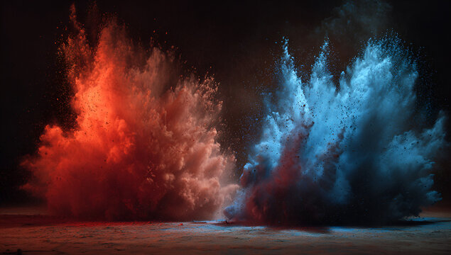 Dramatic, abstract depiction of two clouds of powder colliding, one red, one blue, creating an impactful visual