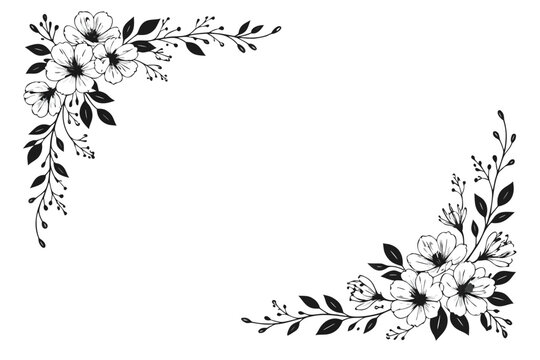 Elegant Black and White Floral Border with Hand-Drawn Delicate Blossoms and Leaves. Minimalist Vector Illustration Frame for Wedding Invitations, Greeting Cards, and Decorative Stationery Design.