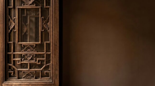 Antique wooden window frame with intricate carvings and copy space