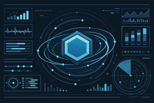 Futuristic digital interface display featuring a central hexagonal graphic with orbital rings, data visualization charts, radar, and HUD elements for high-tech analytics and sci-fi UI design.