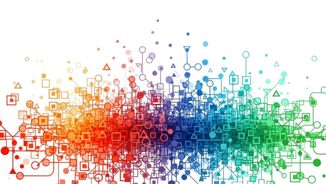 Abstract colorful geometric shapes forming a vibrant network pattern on a white background