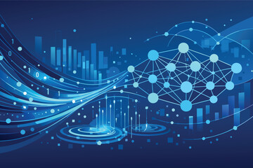 Naklejka premium Abstract AI Data Stream Architecture with Neural Network Connections and Big Data Analytics. Fintech Technology Background for Digital Transformation, Machine Learning, and Cyber Connectivity.