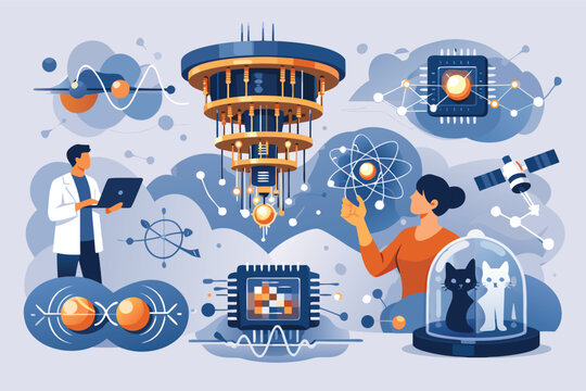 Quantum Computing and Advanced Physics Research Concept Illustration Featuring Scientists Working with Quantum Processors, Schr&ouml;dinger's Cat Paradox, Microchips, and Satellite Communication