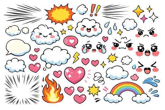 Kawaii Comic Effect and Emotion Elements Set: Hand-Drawn Doodle Icons featuring Dynamic Manga Speed Lines, Speech Bubbles, Hearts, Clouds, Fire, Rainbow, and Cute Anime Facial Expressions for Design.
