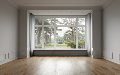 Fototapeta premium An empty room with a large window framing a park. Neutral palette, wood flooring, and classic trim create a calm, minimalist space