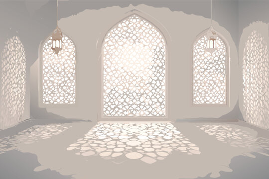 Islamic Ramadan Kareem and Eid al-Fitr Background with Mosque Interior Design, Arched Windows with Intricate Geometric Patterns, Sunbeams Streaming Through, and Hanging Lanterns in White Room.