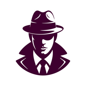 Detective in fedora hat portrait vector emblem, Mysterious undercover spy noir character design element, Vintage classic gangster avatar front view illustration, Secret agent icon in trench coat and t