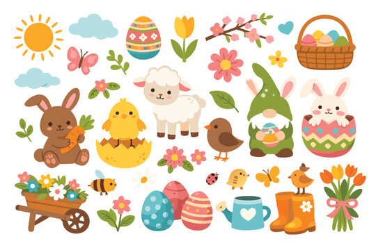 Cute Spring Season Elements Collection with Easter Decorations, Flowers, and Animals. Includes Bunny, Chick, Lamb, Eggs, Garden Tools, and Floral Icons for Holiday Design. Vector Illustration.