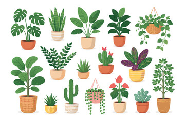 Fototapeta premium Indoor Houseplant Vector Set Featuring Potted Tropical Plants, Cacti, and Succulents for Home Decor; Botanical Collection with Monstera, Snake Plant, Fiddle Leaf Fig, and Hanging Pothos Foliage.