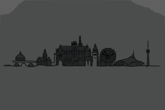 Metz France City Skyline One Line Drawing Featuring Saint-Etienne Cathedral, Temple Neuf, Centre Pompidou, and Ferris Wheel. Minimalist Continuous Line Art Vector Illustration on White Background.