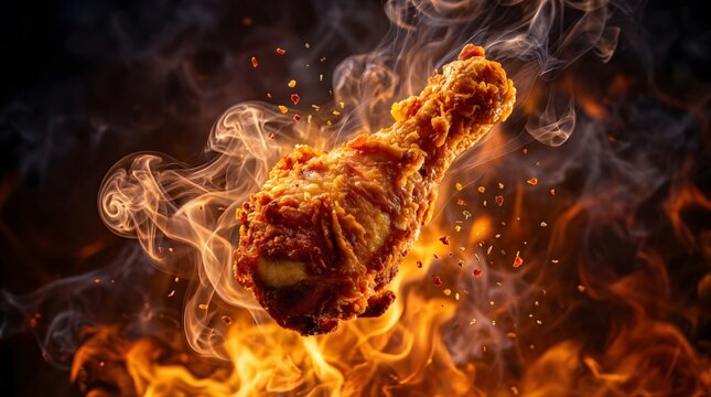 Crispy Fried Chicken Drumstick with Hot Steam Close Up  Cinematic