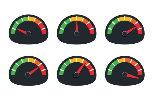 Set of six speedometer gauges with different needle positions representing varying levels of performance, velocity dashboard tachometer icons for automotive engineering and industrial monitoring