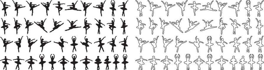 Ballerina silhouettes and outline set, 80 ballet dancer vector icons, elegant female performer poses, classical dance theater graphic elements © edit