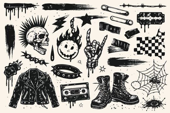 Grungy Punk Rock Distressed Element Kit for Alternative Underground Graphic Design with Hand-Drawn Skull, Leather Jacket, Combat Boots, Cassette Tape, Spiked Collar, Spider Web, and Gritty Textures.