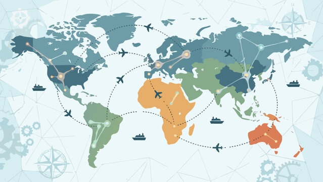 Stylized World Map Illustration with Global Connection Paths, Dotted Flight Routes with Airplanes, Cargo Ships, and Networking Nodes Representing International Logistics, Travel, and Trade.