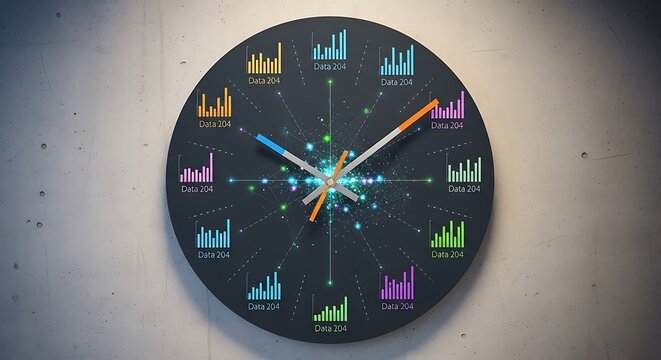 Colorful clock face with data graphs and lines on a gray background