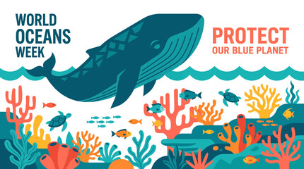 Fototapeta premium Protect Our Blue Planet World Oceans Week Bold Flat 2D Illustration