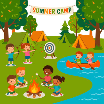 Summer Camp Fun Happy Children Enjoying Outdoor Activities with Tents and Bonfire