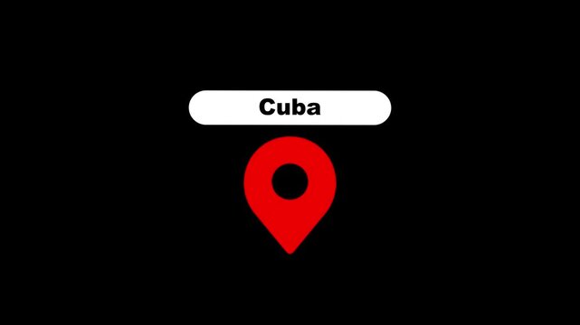 Cuba location pin animation on black background, travel destination map marker.